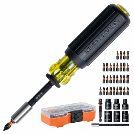 Klein 33805 Cushion-Grip driver handle positioned next to 29 impact bits, 6 nut driver sockets, adapter, and MODbox storage case.