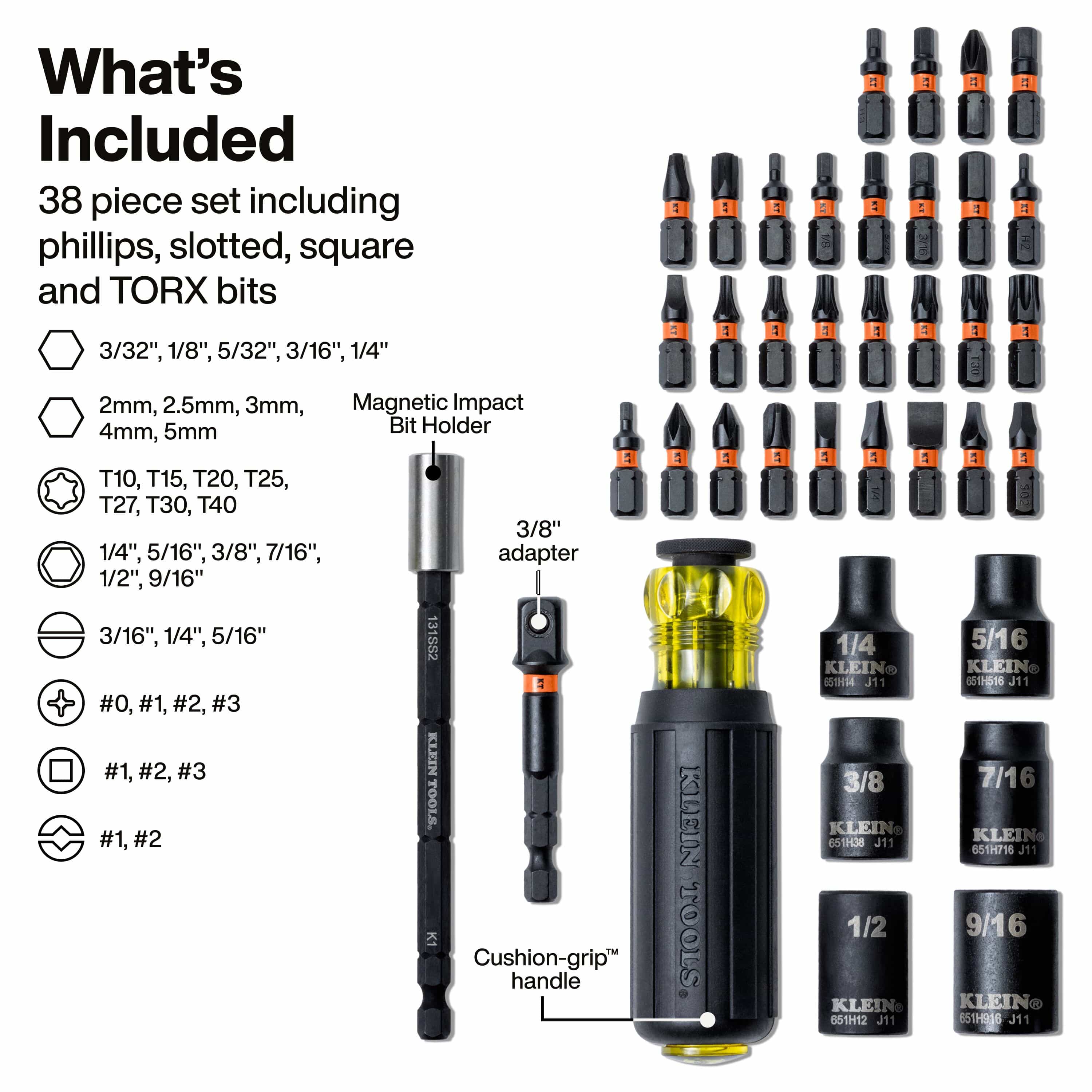 Diagram detailing contents of the Klein 33805 kit, including Phillips, slotted, TORX, hex, combo bits, 6 nut drivers, and 3/8 inch adapter.