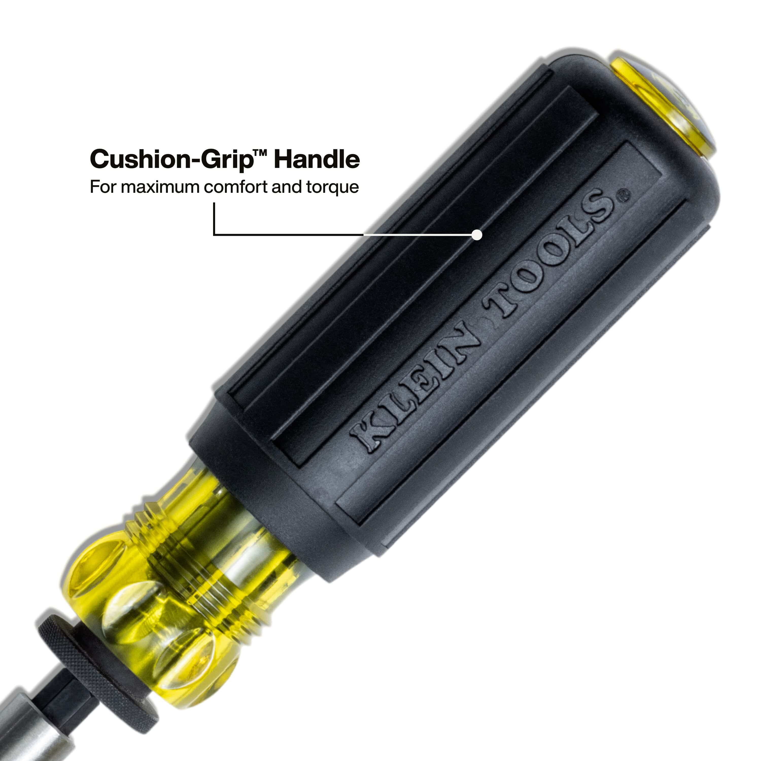 Close-up diagram of the Klein Cushion-Grip screwdriver handle highlighting the ergonomic black rubber sleeve designed for manual torque.