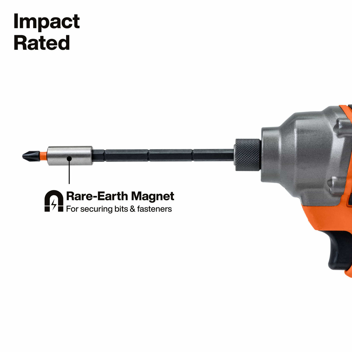 Power impact driver fitted with a Klein extension shank and rare-earth magnetic bit holder for secure fastener retention under power.