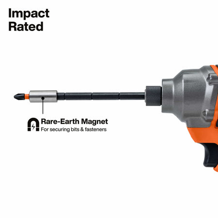 Power impact driver fitted with a Klein extension shank and rare-earth magnetic bit holder for secure fastener retention under power.