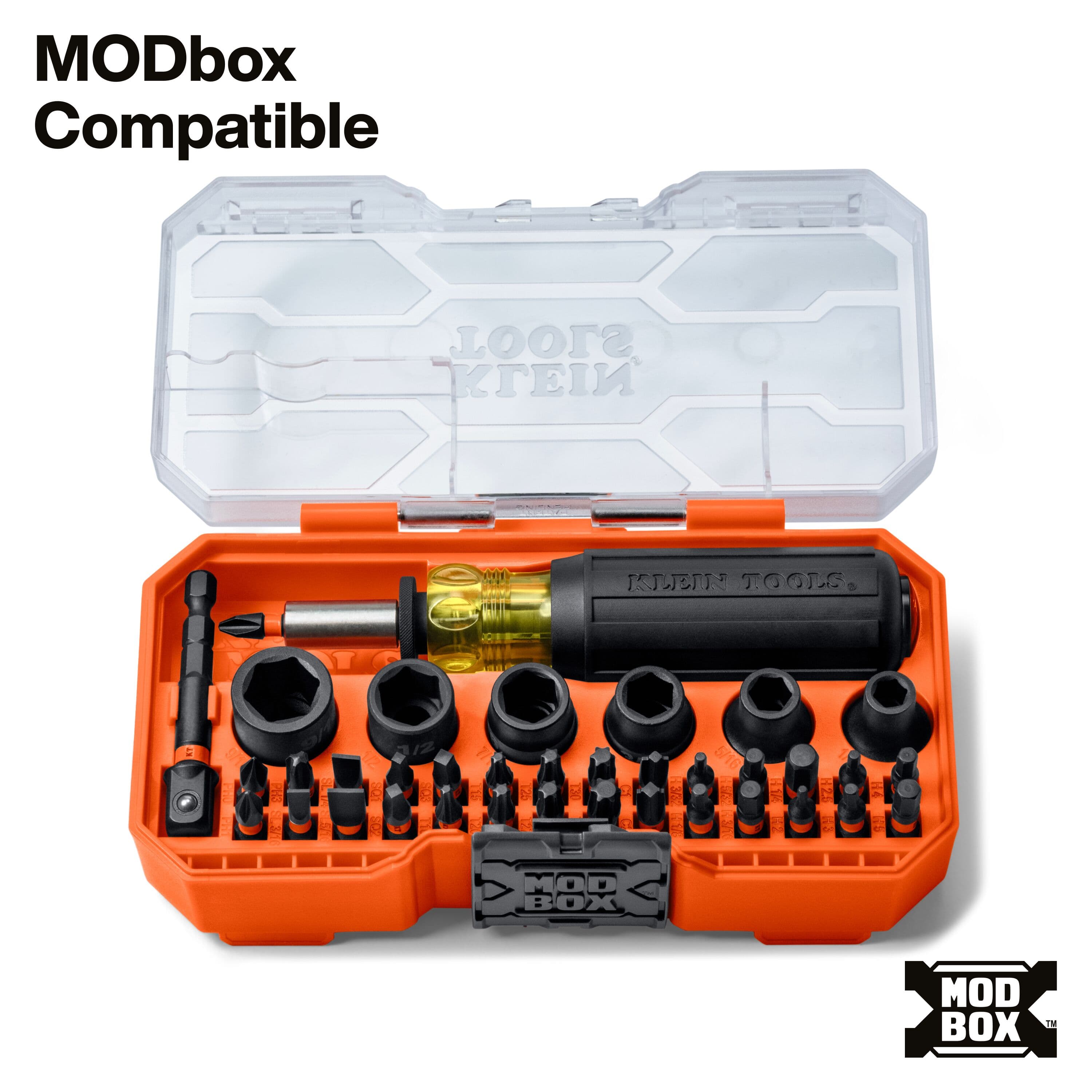 Klein Tools 33805 38-piece set organized inside an open clear-top MODbox case showing bit trays and nut driver socket layout.