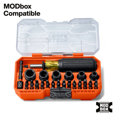 Klein Tools 33805 38-piece set organized inside an open clear-top MODbox case showing bit trays and nut driver socket layout.