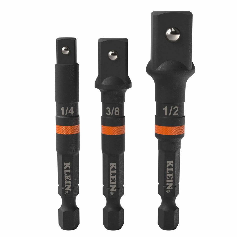 Klein Tools Impact Socket Adapter Set 65030A 3 Inch Length (1/4 3/8 1/2 Inch Drive Hex Shank Ball Detent High Visibility Power Driver Conversion)