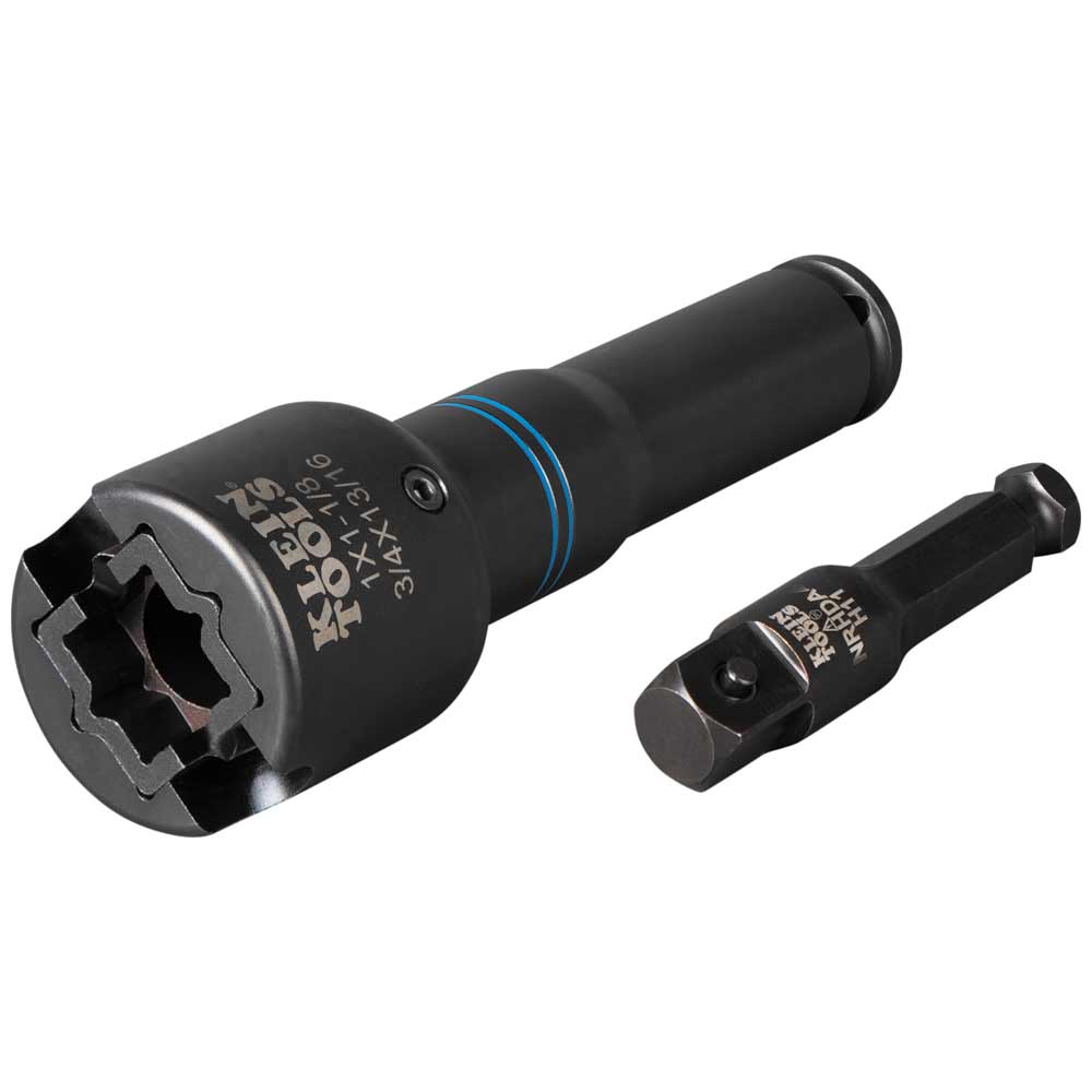 Klein Tools NRHD4 6-in-1 lineman impact socket shown alongside its 7/16-inch hex quick-change drive adapter.