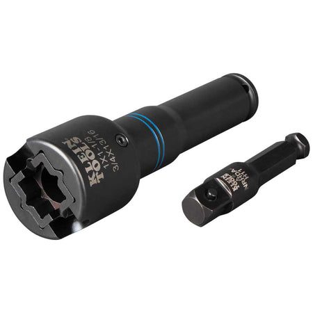 Klein Tools NRHD4 6-in-1 lineman impact socket shown alongside its 7/16-inch hex quick-change drive adapter.