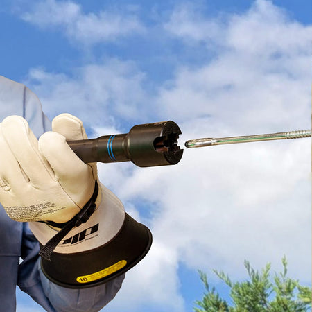 Aerial lineman engaging a long threaded utility pole eye rod with the Klein Tools NRHD4 spring-loaded socket.