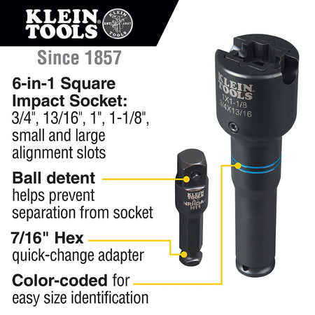 Klein Tools diagram detailing 4 square socket sizes, dual alignment slots, ball detent retention, and 7/16-inch adapter.
