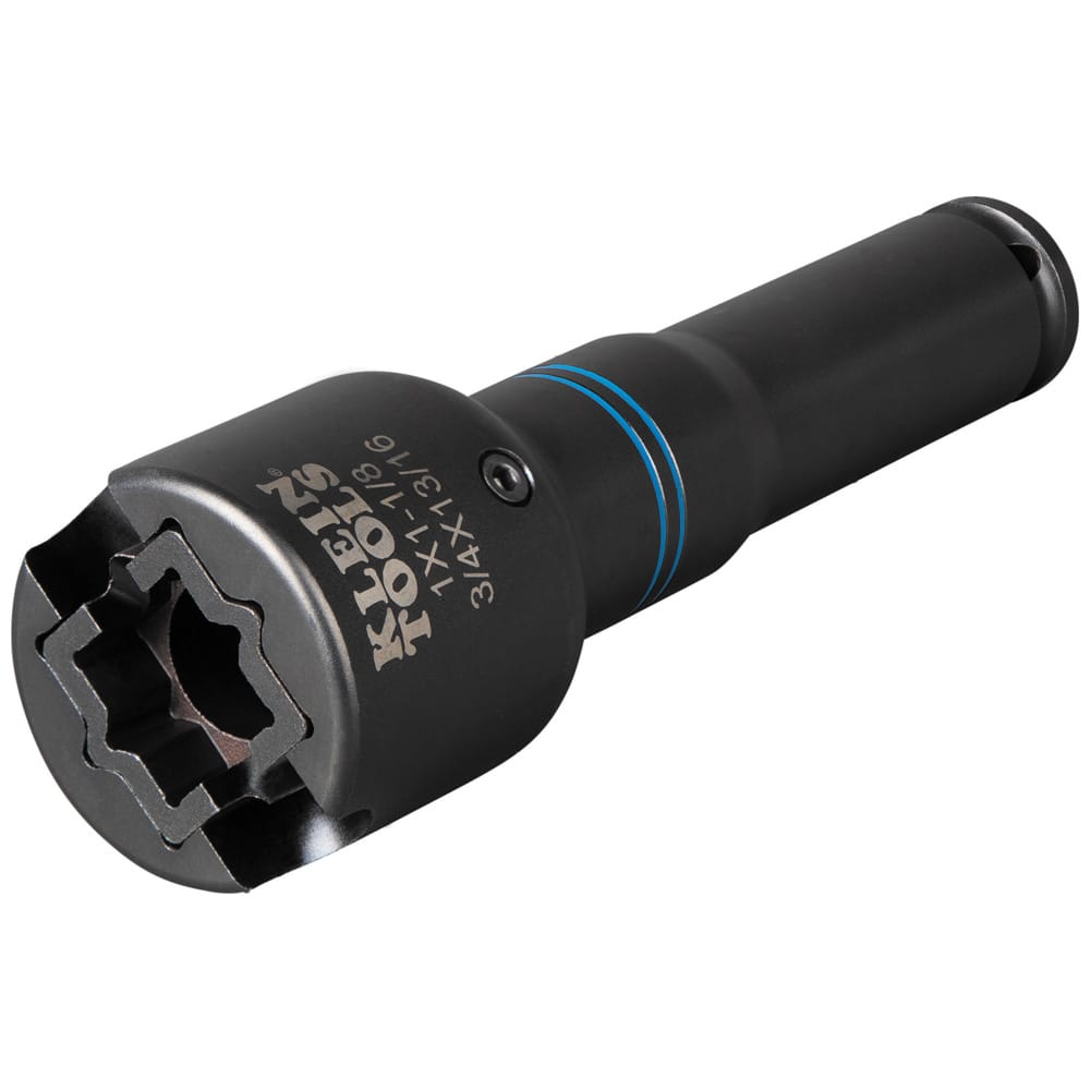 Angled view of Klein NRHD4 socket highlighting nested coaxial spring-loaded sleeves and laser-etched size markings.