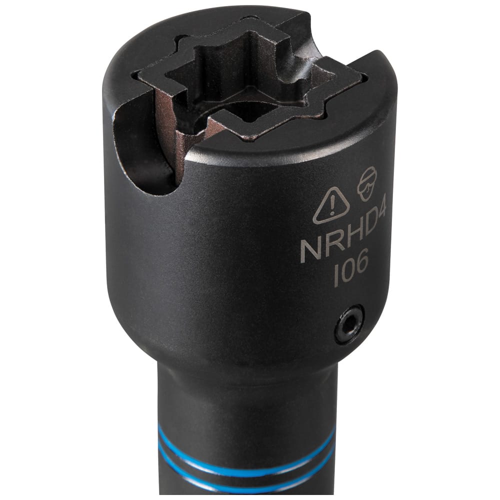 Close-up of Klein NRHD4 impact socket head showing machined alignment slots engineered to drive utility pole eye bolts.