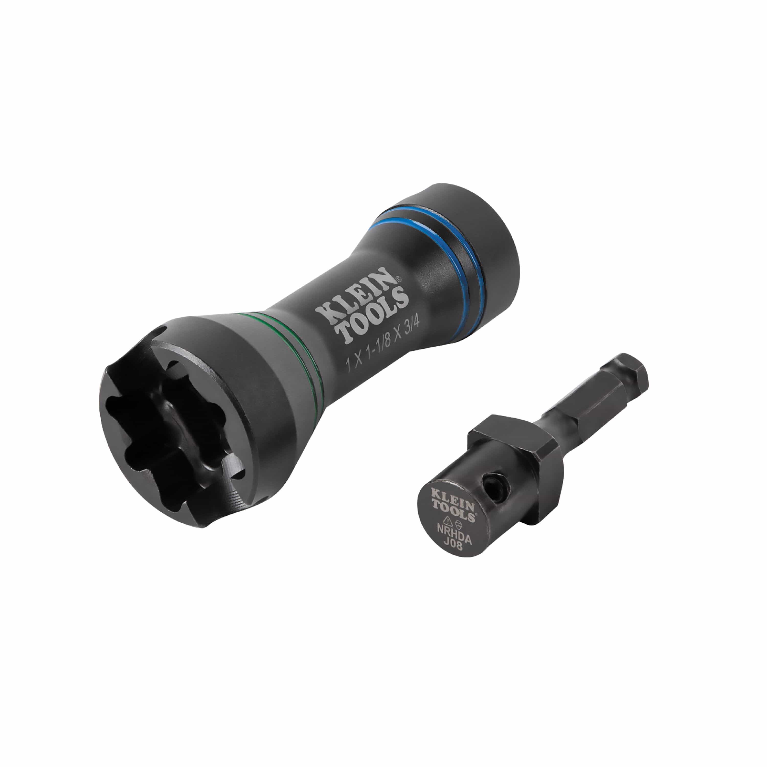 Klein Tools NRHDM 5-in-1 mini square impact socket shown with detachable 7/16-inch quick-change hex drive adapter.
