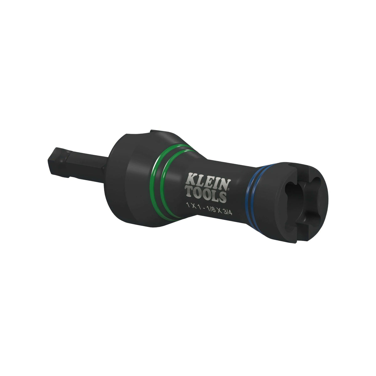 Klein Tools NRHDM mini impact socket fitted with a 7/16-inch hex adapter showing color-coded size identification rings.