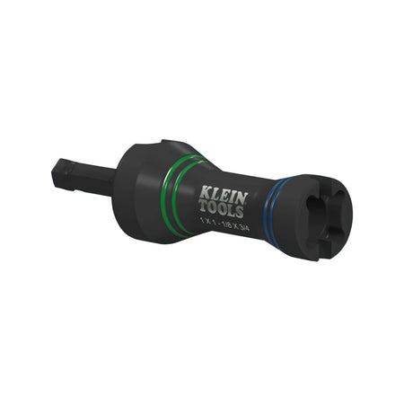 Klein Tools NRHDM mini impact socket fitted with a 7/16-inch hex adapter showing color-coded size identification rings.