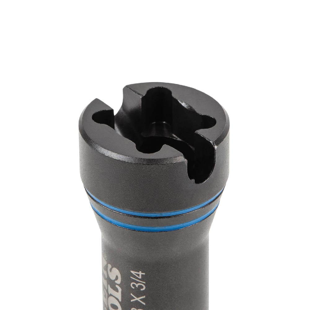 Close-up of Klein NRHDM slotted socket head engineered to drive utility eye bolts and curved pole steps without damage.