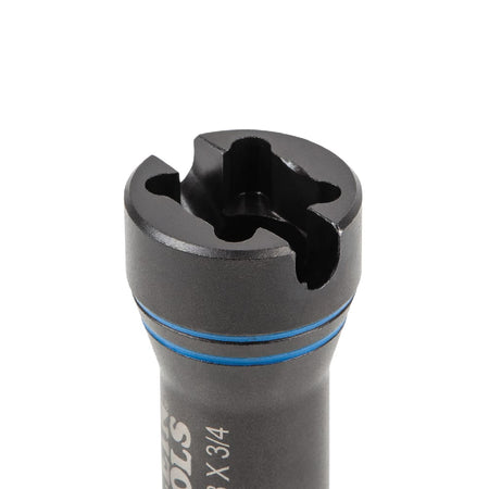Close-up of Klein NRHDM slotted socket head engineered to drive utility eye bolts and curved pole steps without damage.