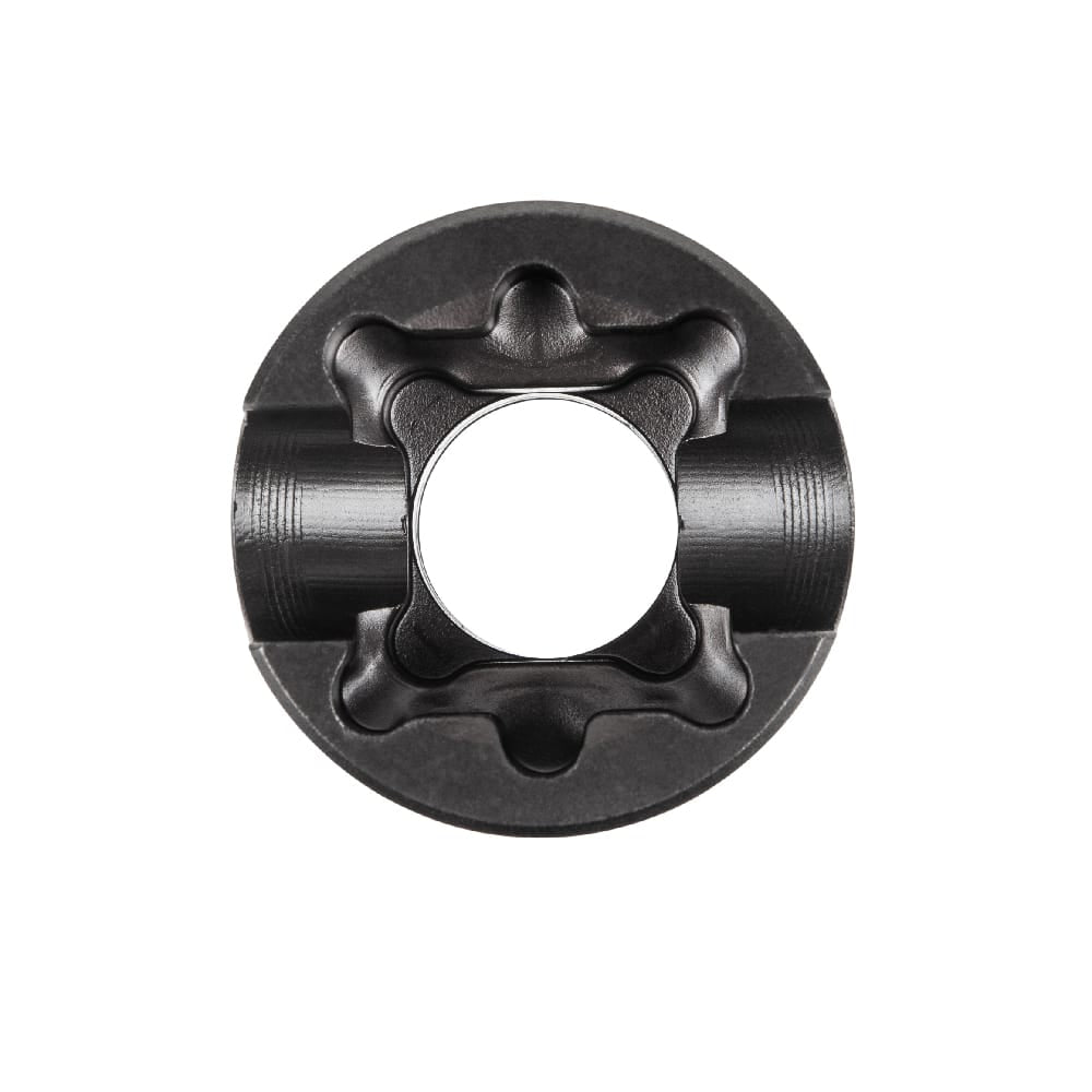 Front view of Klein NRHDM 5-in-1 socket opening showing stepped square broaching and deep hardware alignment drive slots.