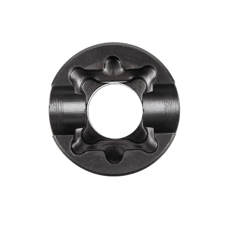 Front view of Klein NRHDM 5-in-1 socket opening showing stepped square broaching and deep hardware alignment drive slots.