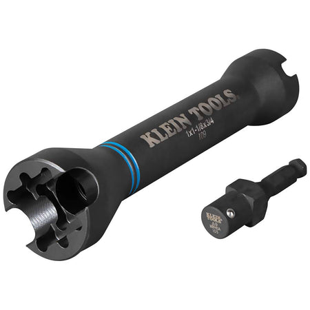 Klein Tools NRHD 5-in-1 lineman impact socket shown alongside its 7/16-inch hex quick-change adapter.