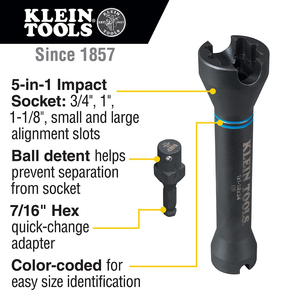 Klein Tools diagram detailing 3 square socket sizes, alignment slots, ball detent retention, and 7/16-inch adapter.