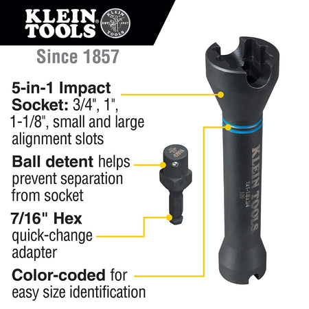 Klein Tools diagram detailing 3 square socket sizes, alignment slots, ball detent retention, and 7/16-inch adapter.