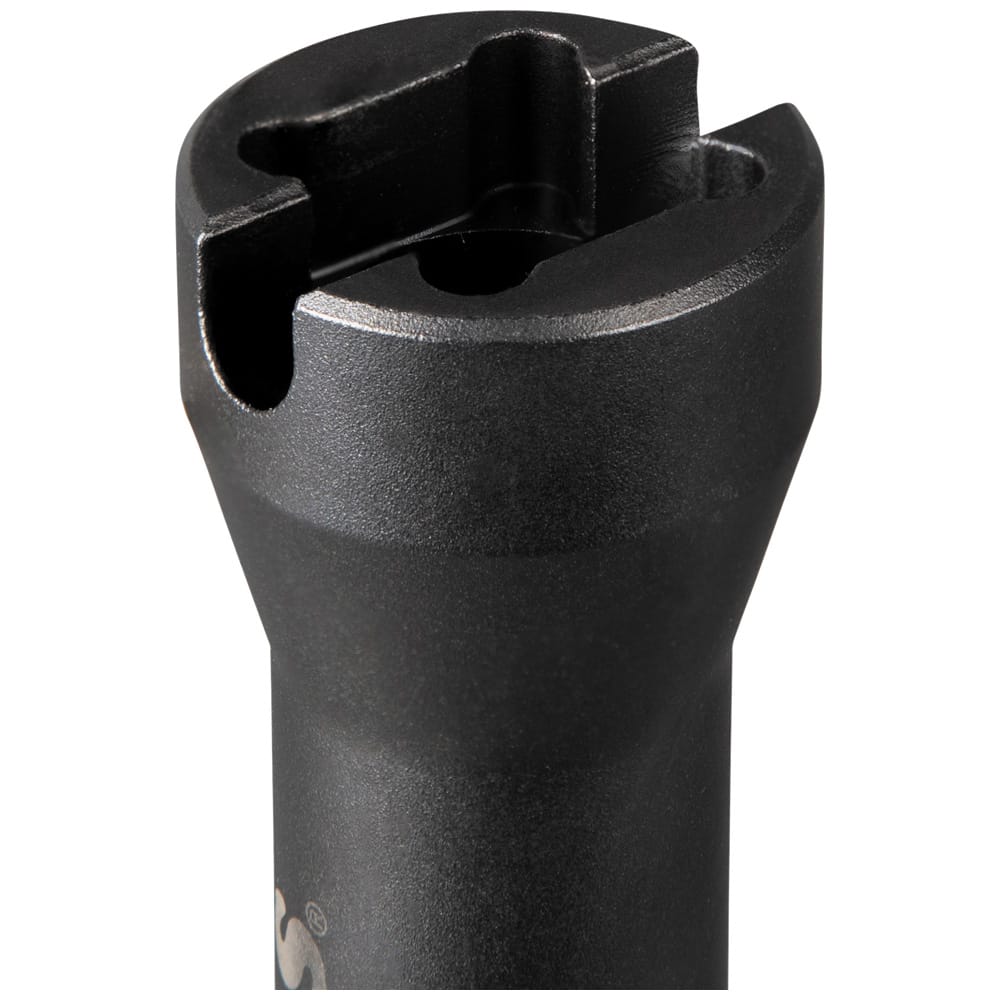Opposite end drive view of Klein NRHD socket showing smaller broached square opening and pole hardware alignment slot.