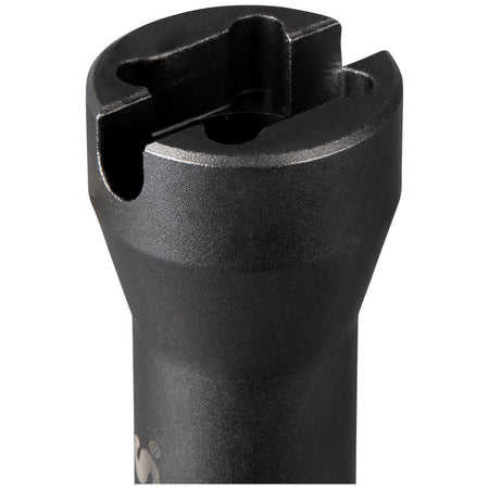Opposite end drive view of Klein NRHD socket showing smaller broached square opening and pole hardware alignment slot.