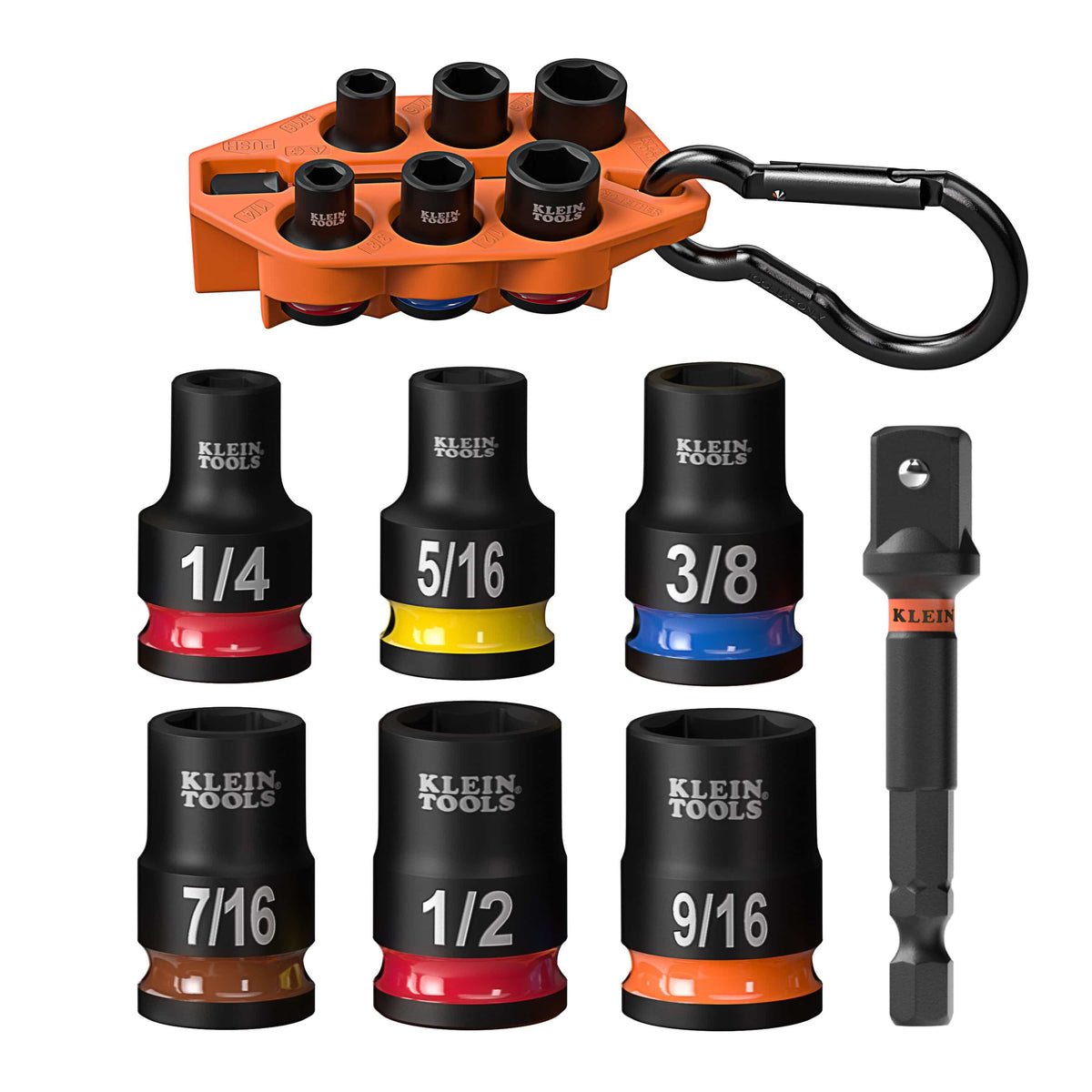 Klein 33808 Grab-And-Go 7-piece impact set displaying 6 SAE sockets from 1/4 to 9/16 inch, a 3-inch adapter, and a belt-clip TPV holder.