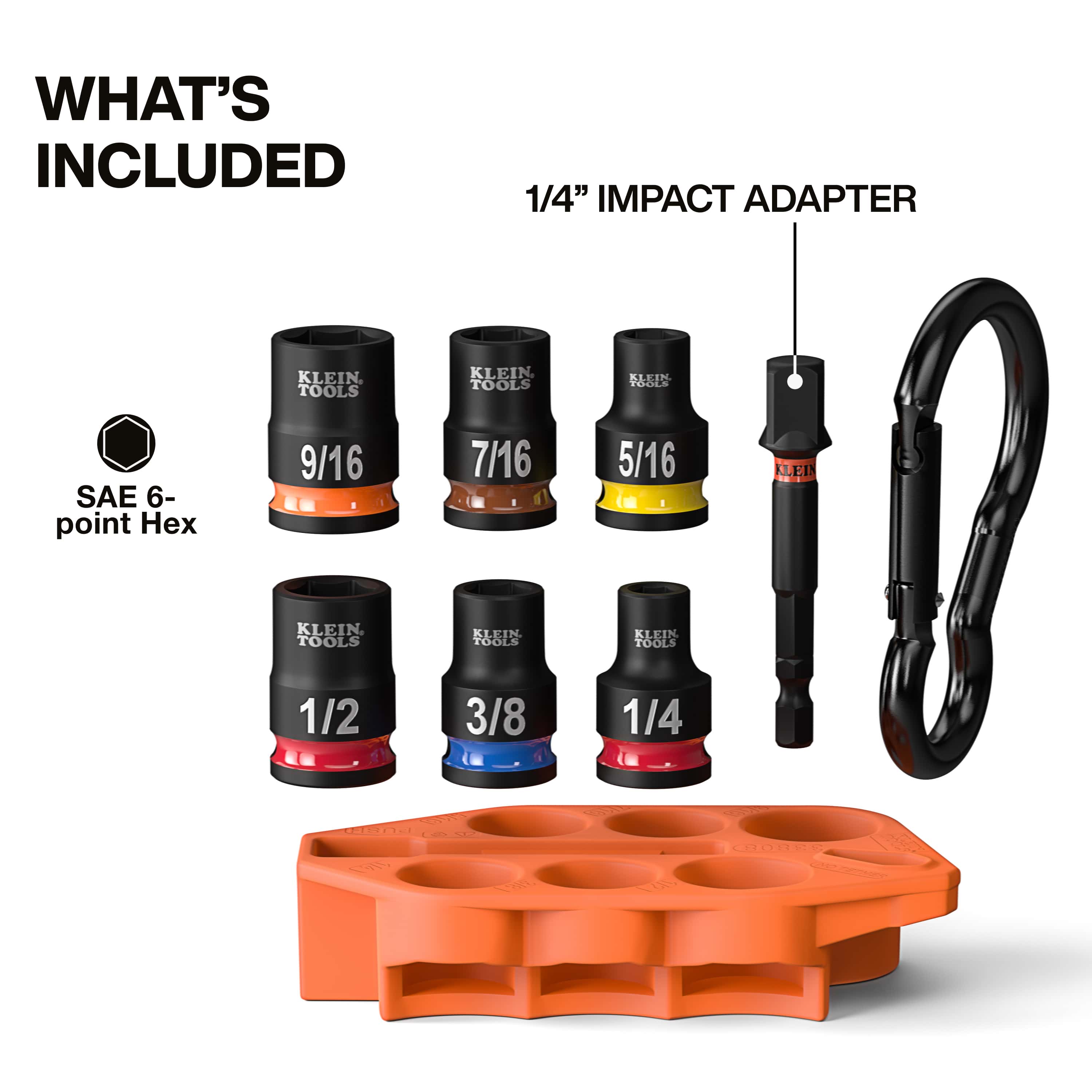 Diagram highlighting included components of the Klein 33808 set, including 6-point SAE sockets, a 1/4-inch hex impact adapter, and a carabiner sleeve.