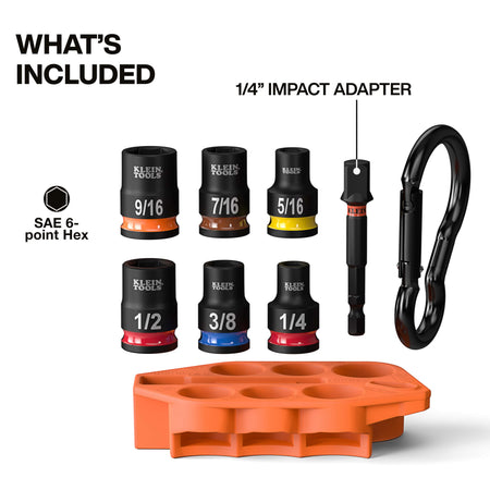 Diagram highlighting included components of the Klein 33808 set, including 6-point SAE sockets, a 1/4-inch hex impact adapter, and a carabiner sleeve.