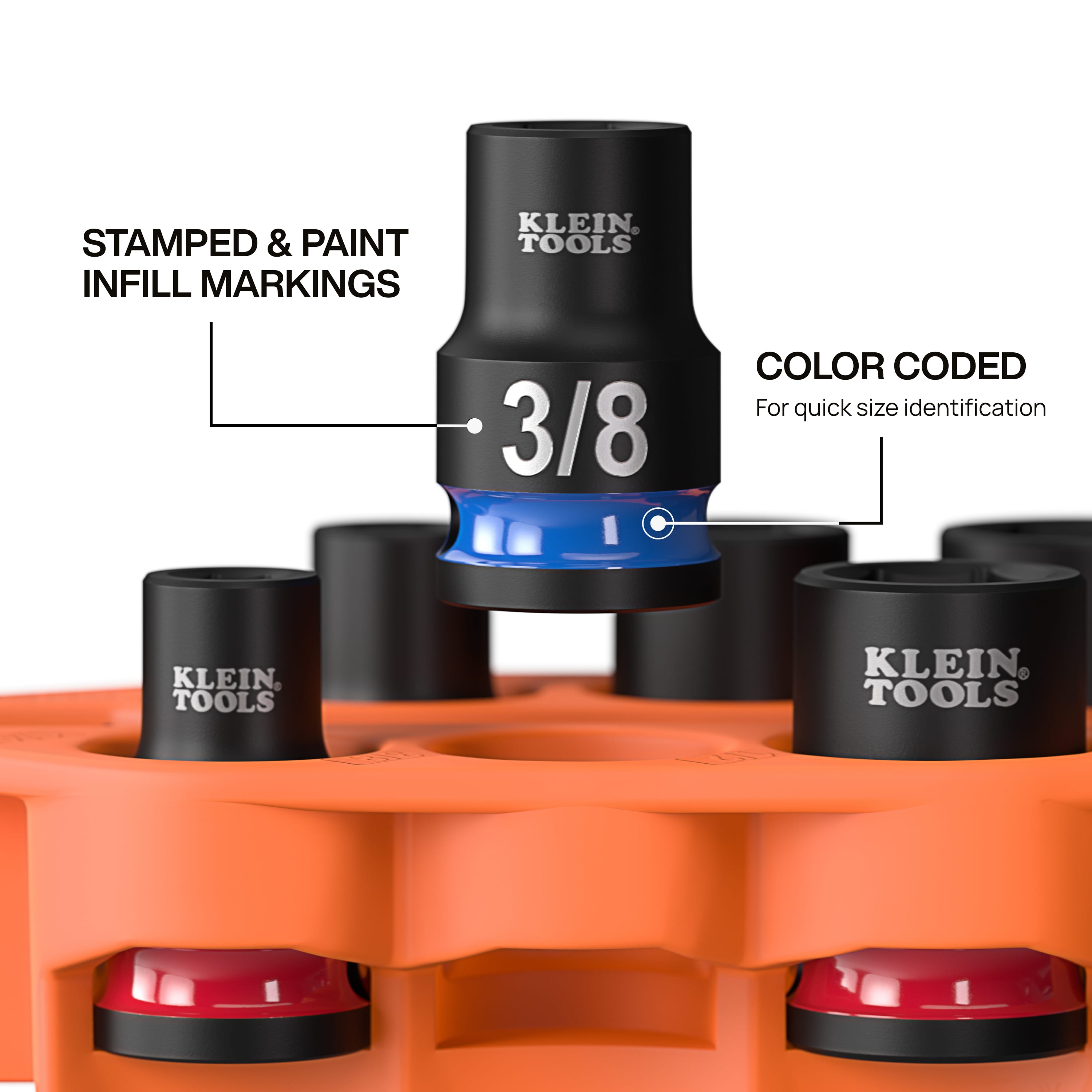 Close-up of a Klein 3/8-inch SAE impact socket highlighting stamped size markings with white paint infill and a blue identification ring.