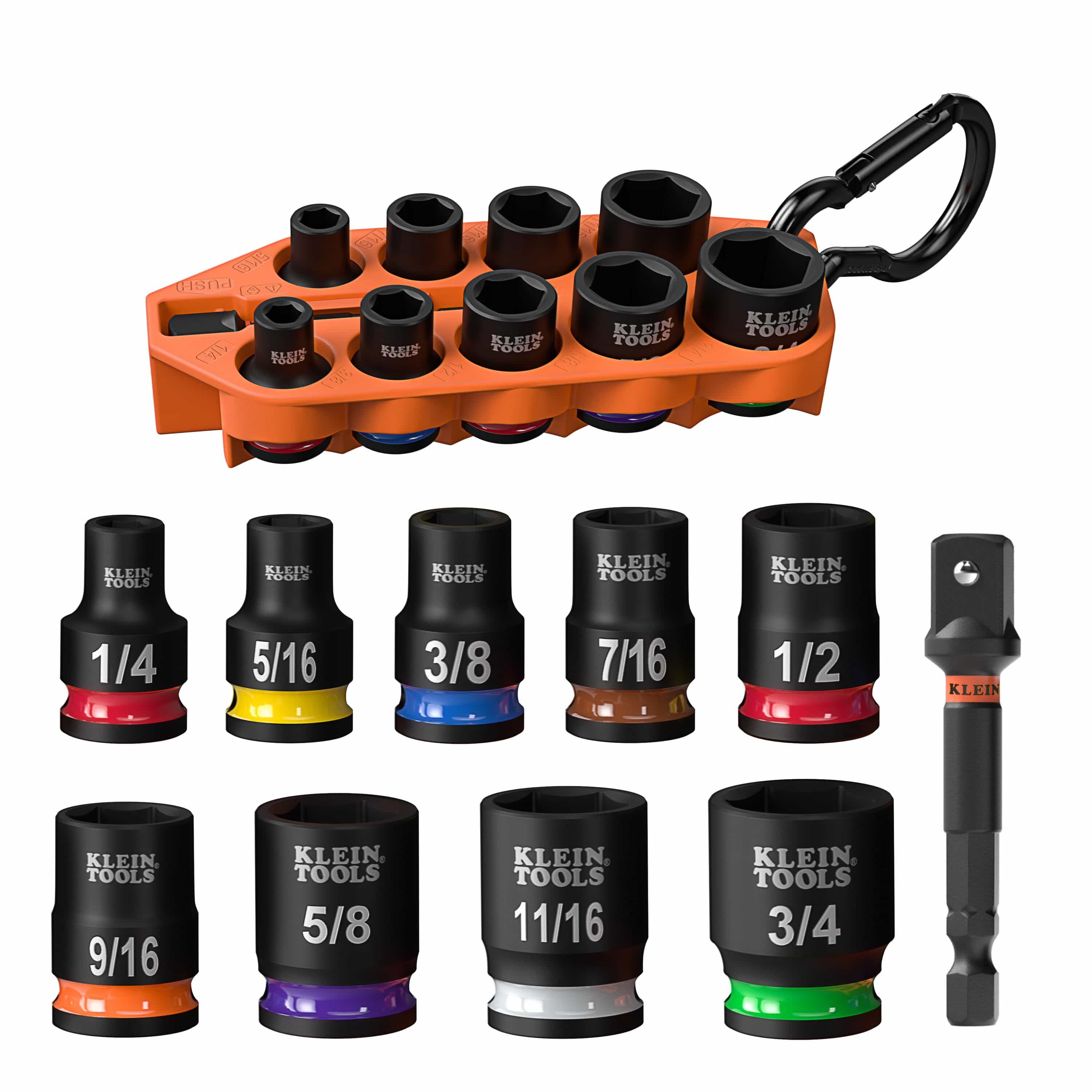 Klein 33809 Grab-And-Go 10-piece impact set displaying 9 SAE sockets from 1/4 to 3/4 inch, a 3-inch adapter, and a belt-clip TPV holder.