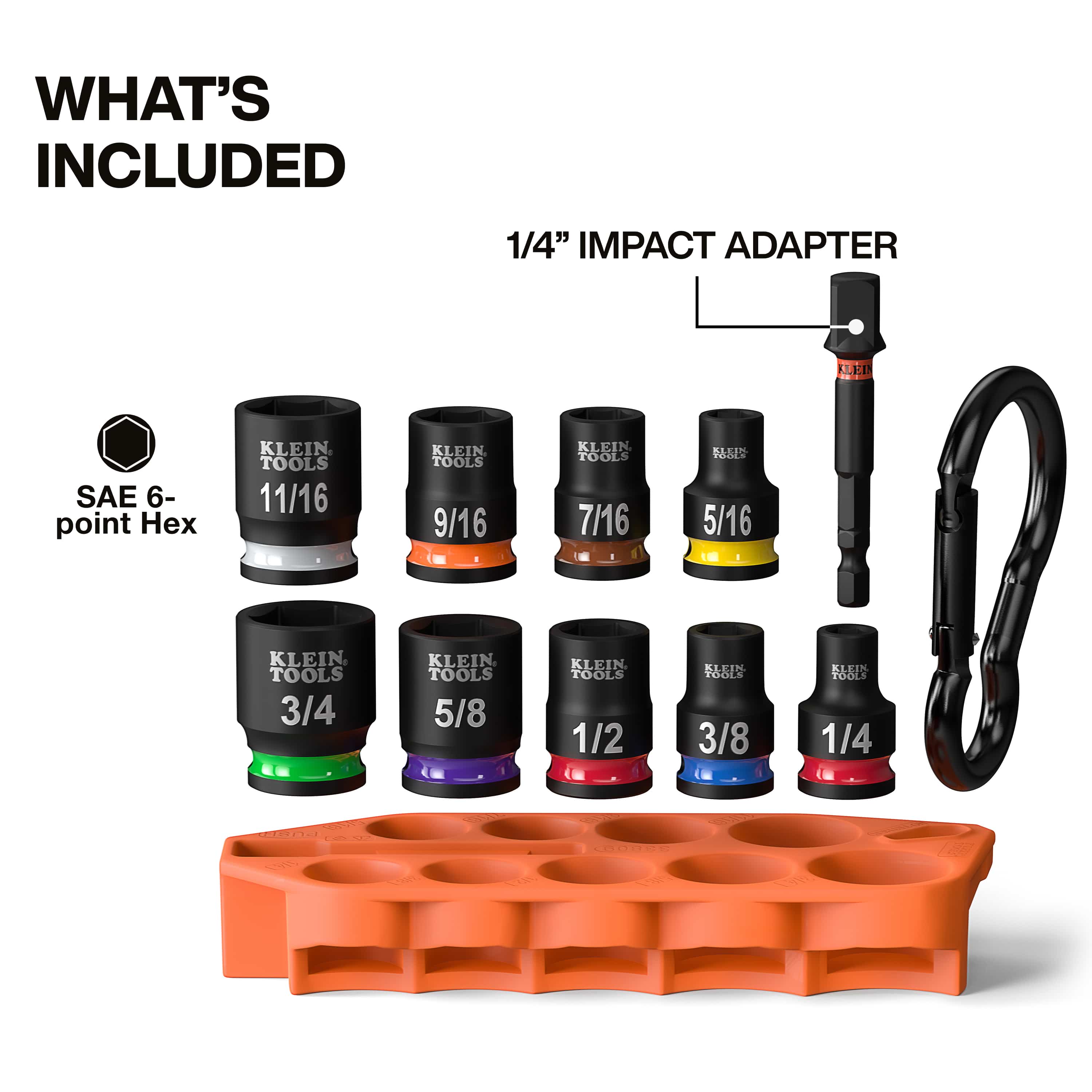 Diagram detailing included components of the Klein 33809 set, including 6-point SAE sockets, a 1/4-inch hex impact adapter, and a carabiner sleeve.