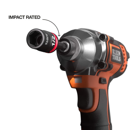 Klein 1/2-inch SAE impact socket attached to a cordless power driver chuck to demonstrate high-torque impact-rated drive performance.