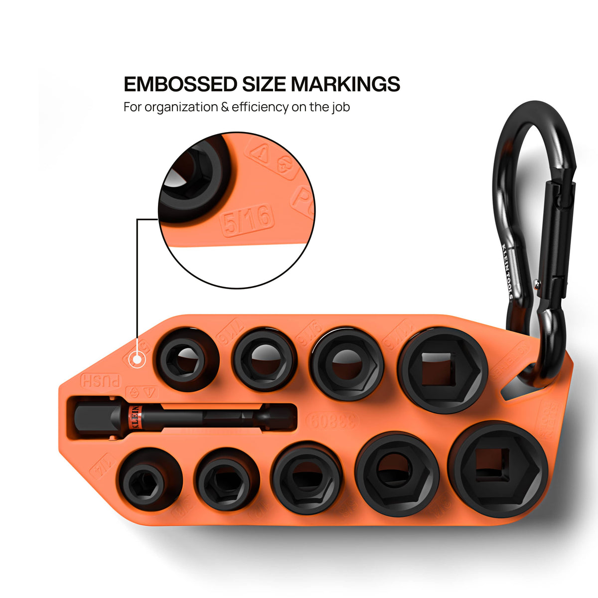 Top view of the orange TPV storage sleeve showing embossed 5/16-inch size markings and a center slot storing the 1/4-inch hex adapter.