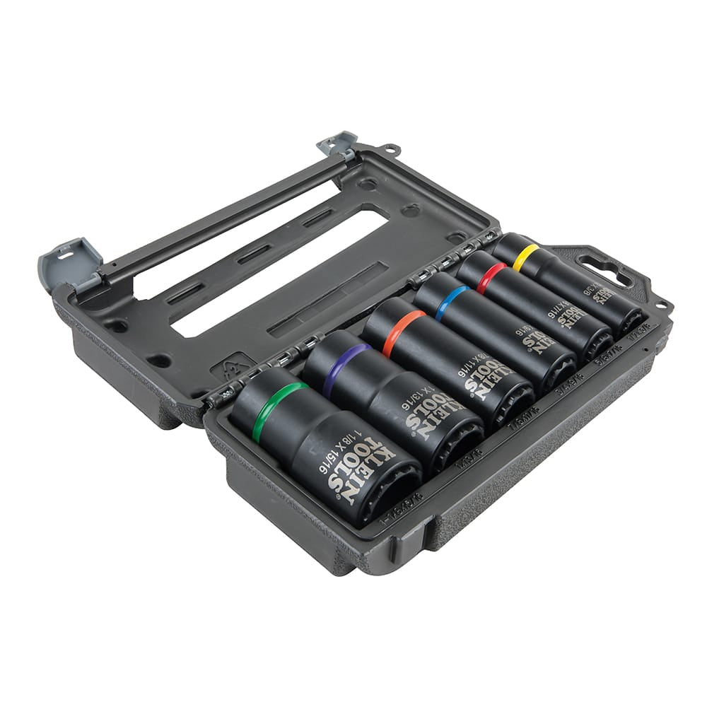 Open hard-shell carrying case organizing the Klein 66010 6-piece coaxial socket set with color-coded 12-point impact tools.