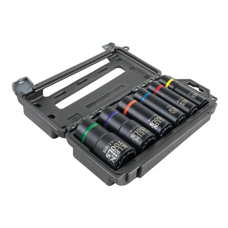 Open hard-shell carrying case organizing the Klein 66010 6-piece coaxial socket set with color-coded 12-point impact tools.