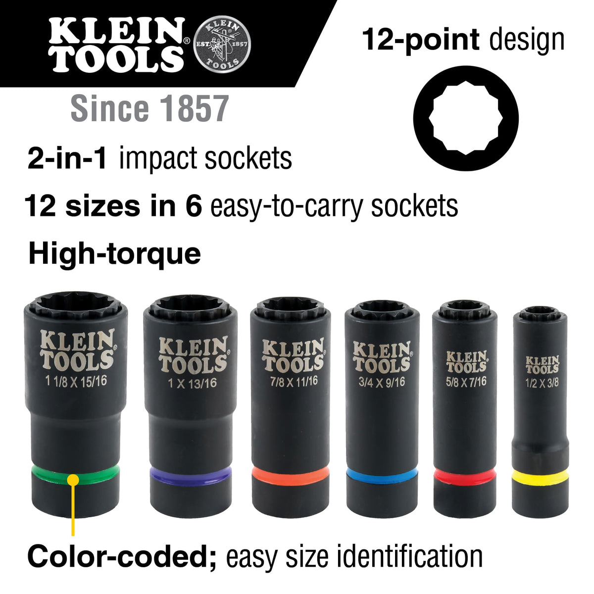 Diagram detailing 12 SAE sizes across 6 single-ended sockets, color-coded rings, high-torque rating, and 12-point geometry.