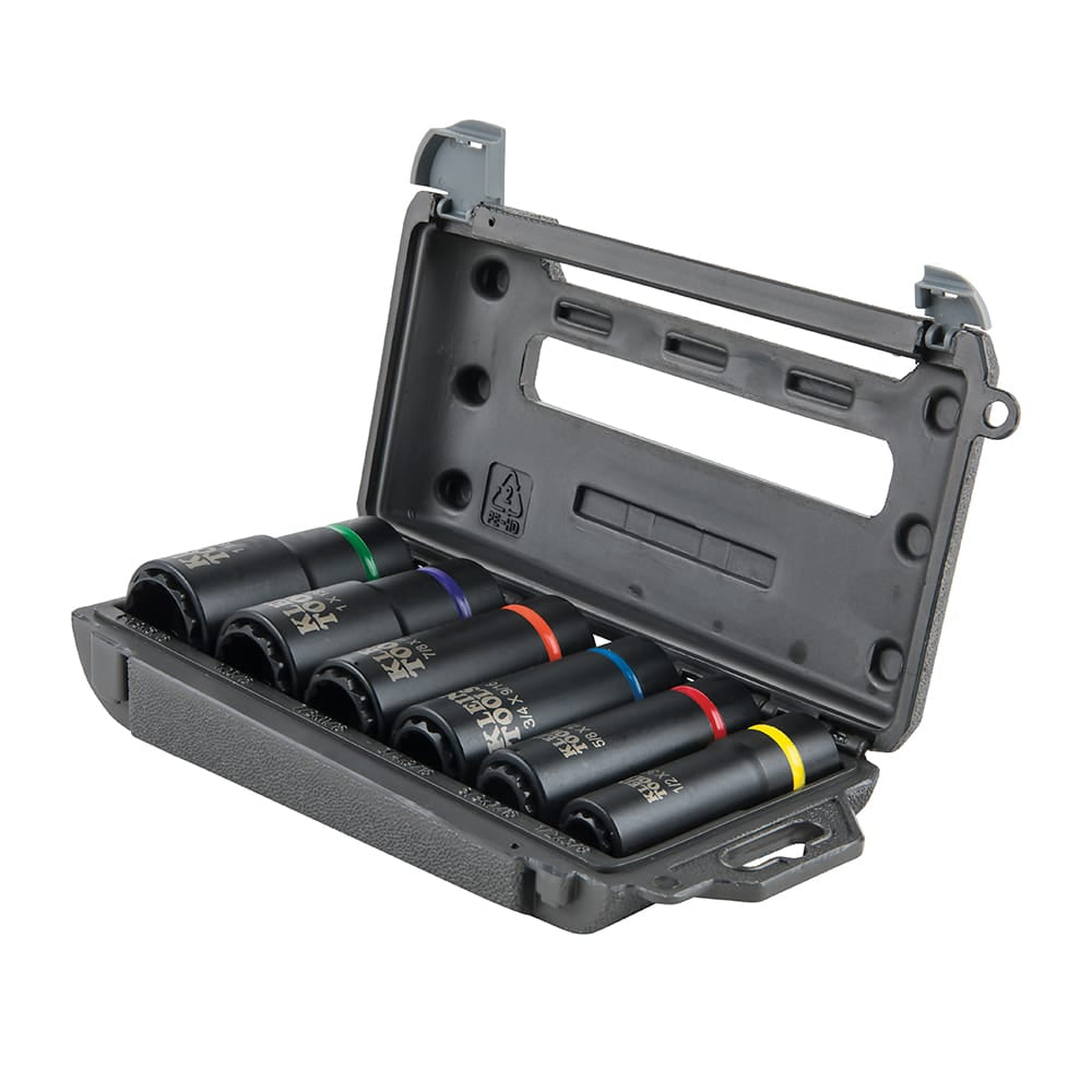 Hard-shell molded storage case holding six Klein coaxial 2-in-1 impact sockets with embossed dual-size slot markings.