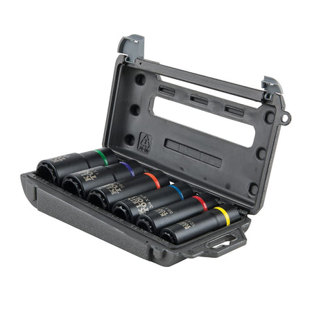 Hard-shell molded storage case holding six Klein coaxial 2-in-1 impact sockets with embossed dual-size slot markings.