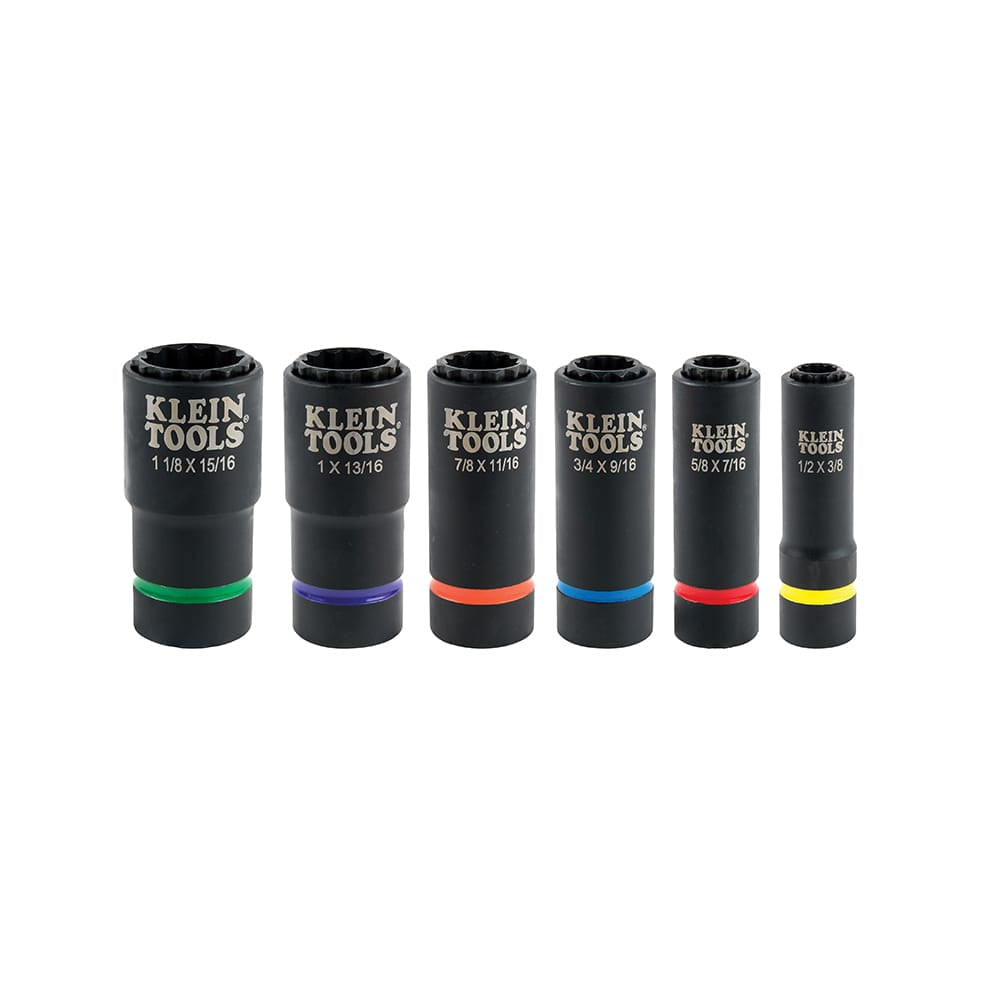 Lineup of six Klein 12-point coaxial impact sockets showing laser-etched SAE size callouts from 3/8 to 1-1/8 inches.