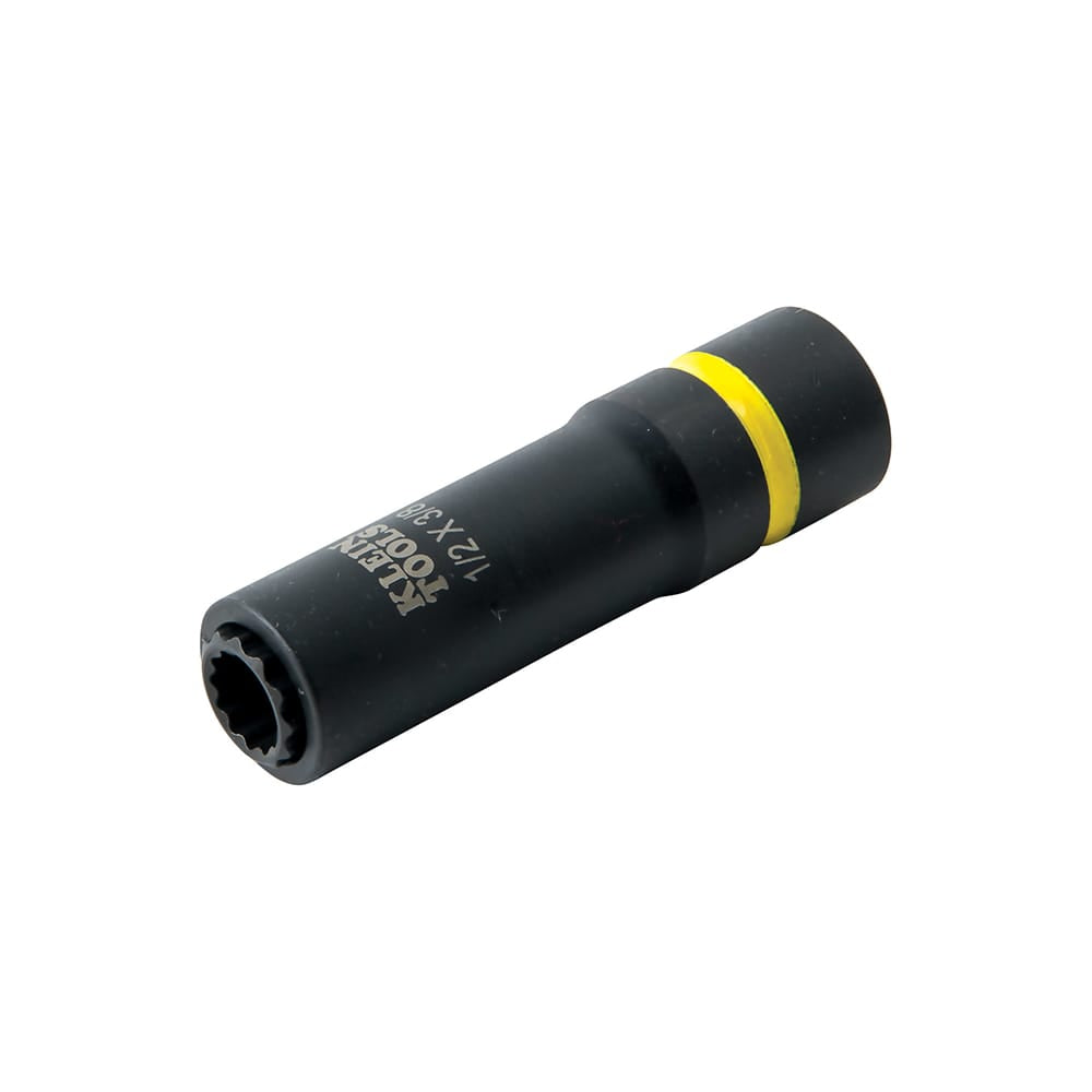 Klein 1/2 x 3/8-inch coaxial impact socket displaying its yellow identification band and 1/2-inch square drive end.