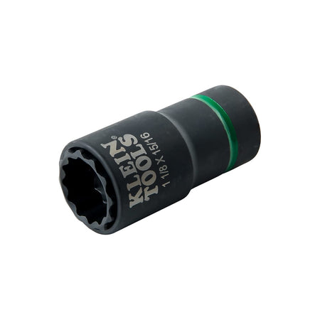 Klein 1-1/8 x 15/16-inch impact socket with a green identification ring and 12-point geometry for heavy utility fasteners.