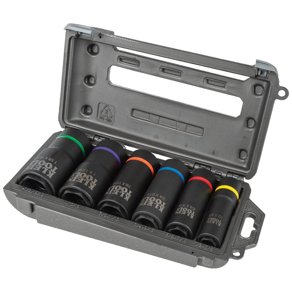 Open molded carrying case holding the Klein 66060 6-piece coaxial 6-point impact socket set covering 12 SAE sizes.