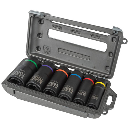 Open molded carrying case holding the Klein 66060 6-piece coaxial 6-point impact socket set covering 12 SAE sizes.