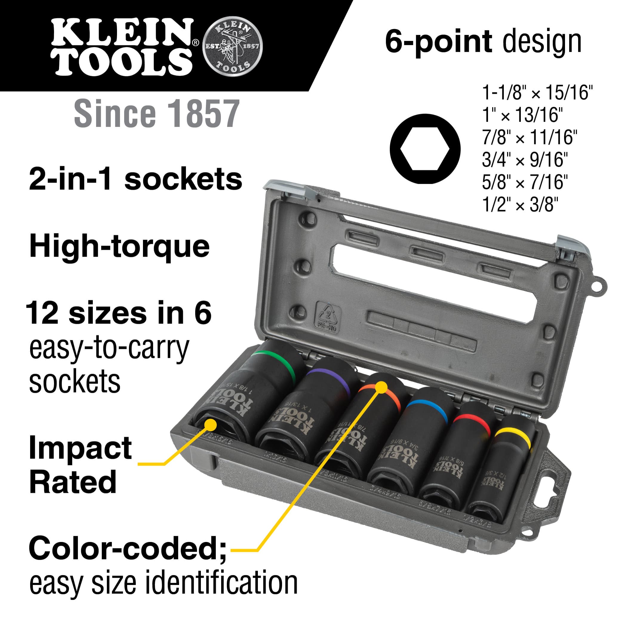 Diagram detailing 12 SAE sizes in 6 coaxial socket bodies, 6-point design, color-coded rings, and impact driver compatibility.