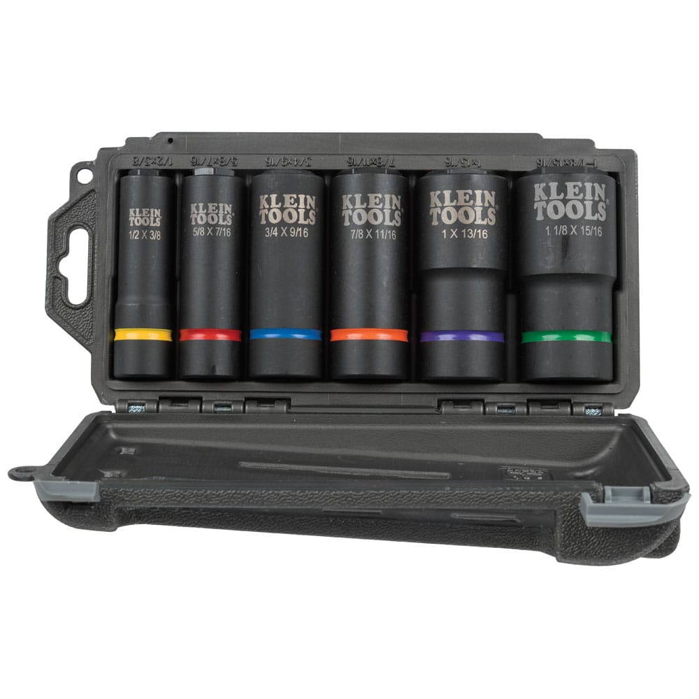 Top-down view of six Klein 6-point coaxial sockets organized in a hard storage case displaying high-visibility size callouts.