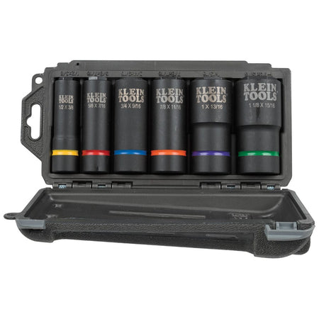 Top-down view of six Klein 6-point coaxial sockets organized in a hard storage case displaying high-visibility size callouts.