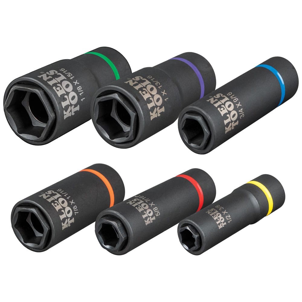 Six dual-ended Klein 6-point coaxial impact sockets lined up to highlight internal spring-loaded sleeves and drive profiles.
