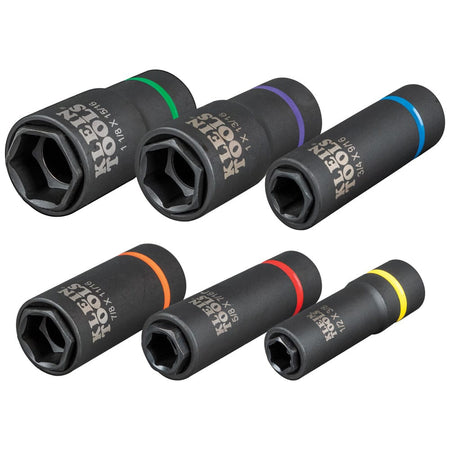 Six dual-ended Klein 6-point coaxial impact sockets lined up to highlight internal spring-loaded sleeves and drive profiles.