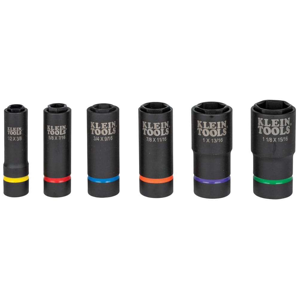 Six 4140 steel coaxial impact sockets standing vertically to display laser-etched SAE size markings and color identification bands.